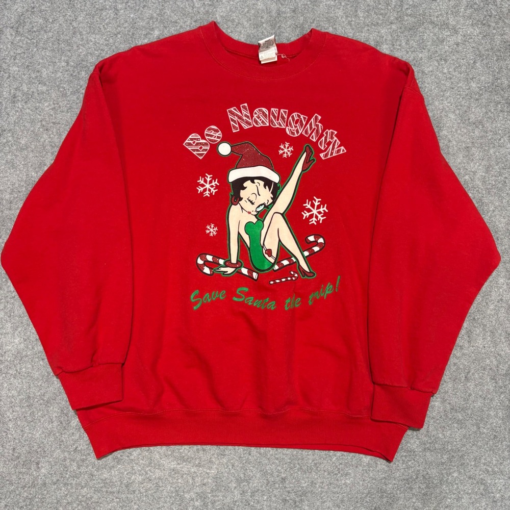 Betty Boop Christmas Sweatshirt Mens XL Red Be Naughty Save Santa Pullover